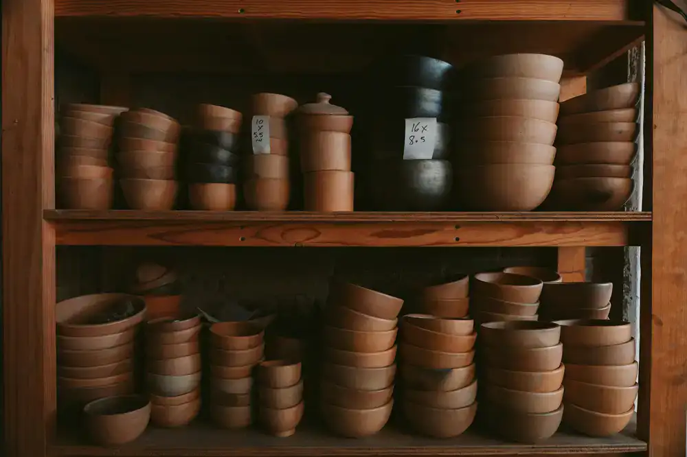 Tazas de café de terracota en un estante